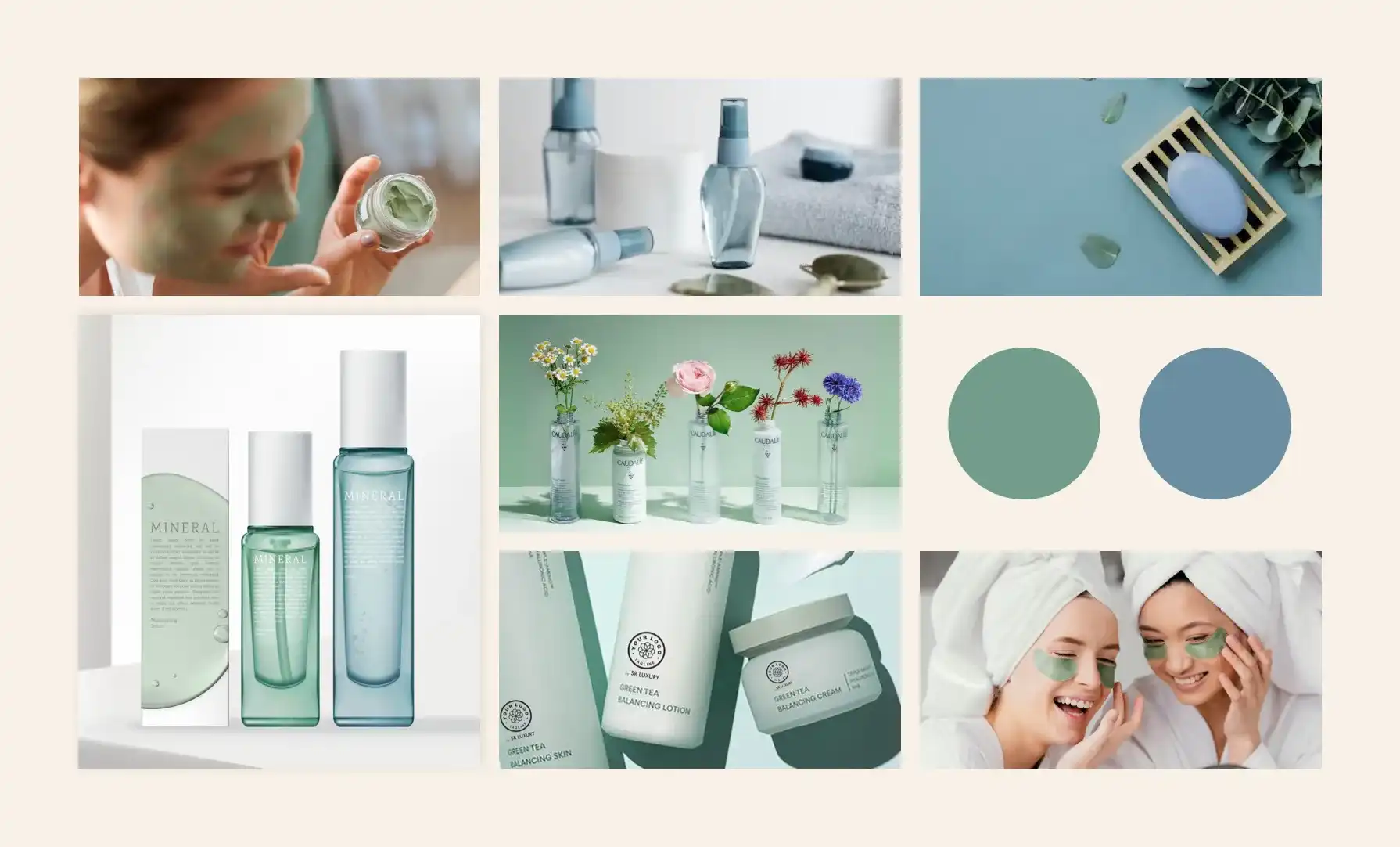 Moodboard of primary brand colors for fictional premium skincare brand ‘XYZ,’ displayed on product packaging and across various applications. by Naif Ekkeri from wowstudio.io